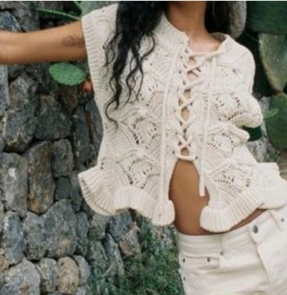 Zara Ruffle Knit Drawstring Crochet Sweater Vest Size X-Small